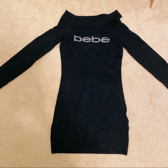 Bebe Black Knit Rhinestone Logo Sweater Dress - Picture 3 of 5